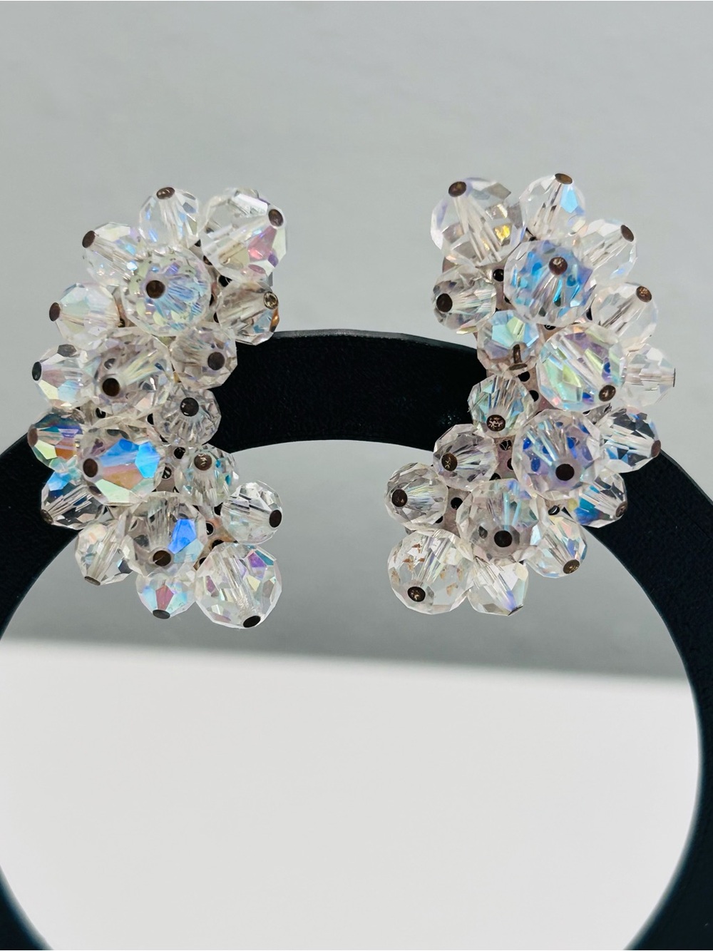 Vintage Climber AB Crystal Clip On Earrings Iridescent Mid Century Kidney Shaped